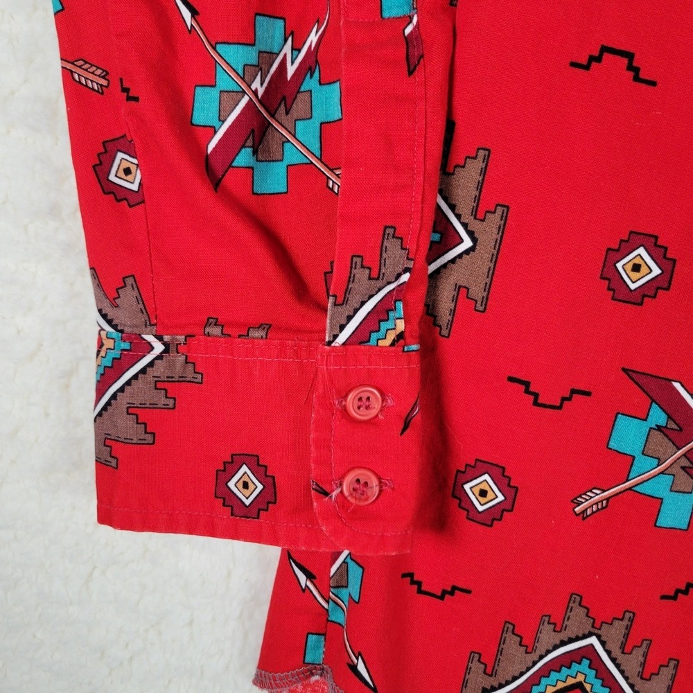 Vintage Wrangler Brushpopper Western Shirt Mens 16-34 Red Aztec Print Longsleeve - Picture 2 of 13